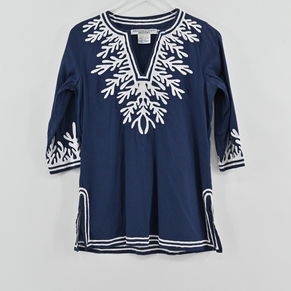 Gretchen Scott Embroidered‎ Tunic Womens Size XS Navy Blue White Cotton Coastal